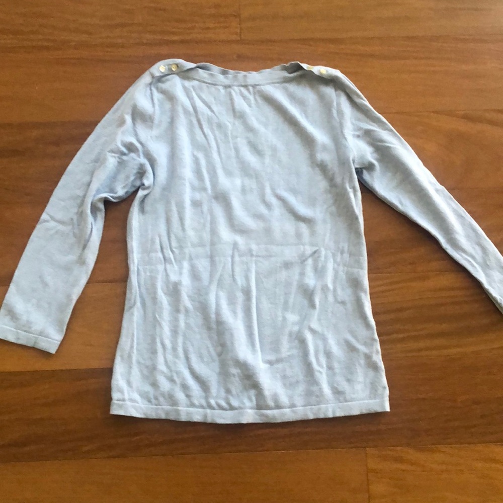 J. Crew, fitted, light-weight sweater, light blue in color.